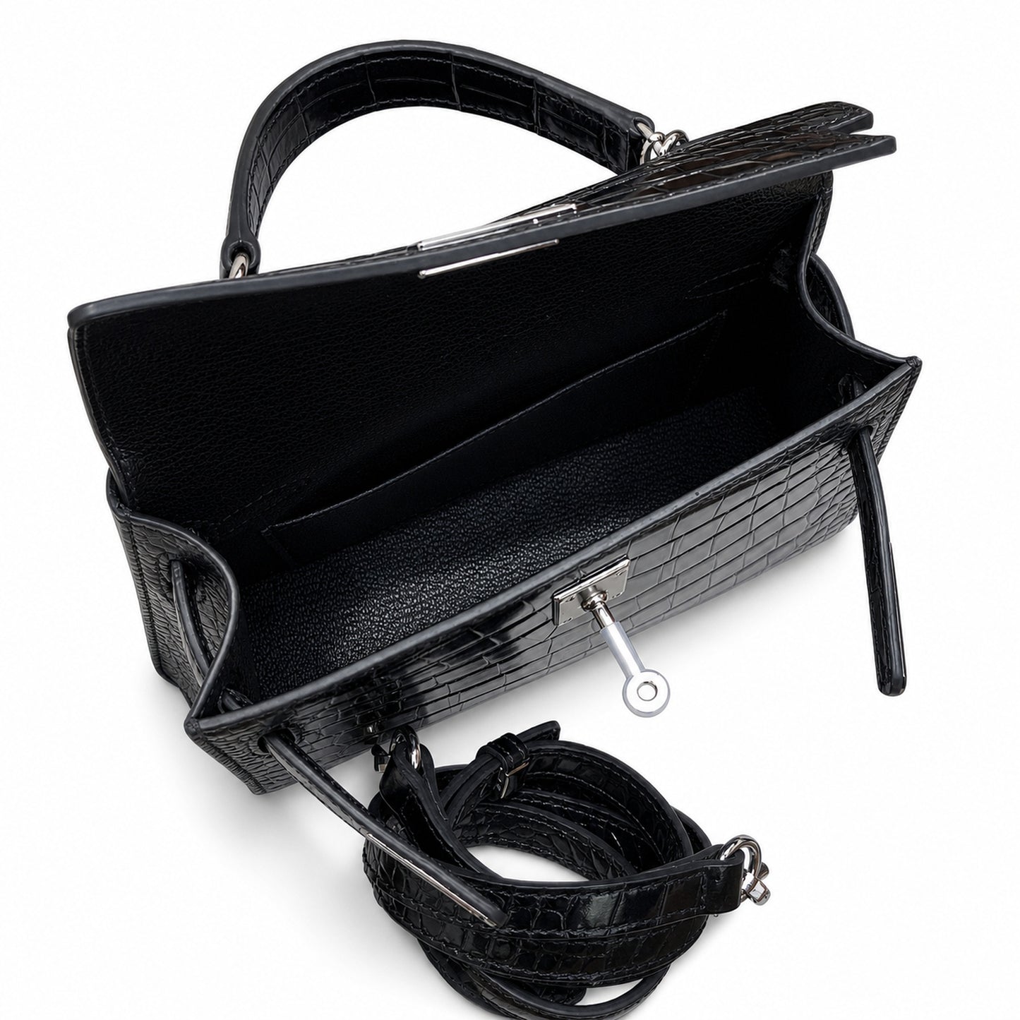 Kelly Sellier 19cm Noir Shiny Crocodile Leather Gold Hardware & Palladium Hardware Women Handbag