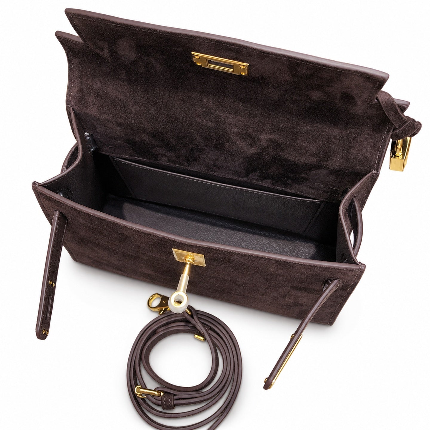 Mini Kelly Sellier 22cm Ebene Suede Leather Gold Hardware Women Mini Handbag