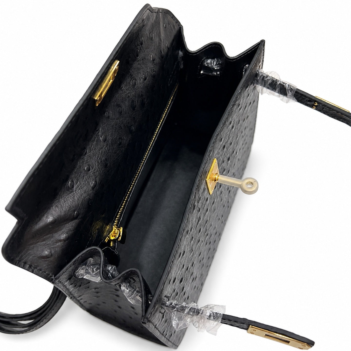 Kelly Sellier 25cm Noir Black Ostrich Gold Hardware Designer Shoulder Tote