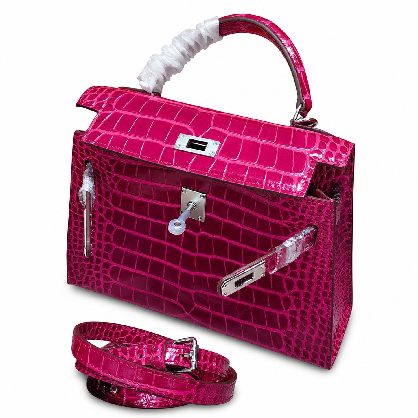 Kelly Sellier 22cm Fuchsia Shiny Crocodile Leather Gold Hardware & Palladium Hardware Women Handbag