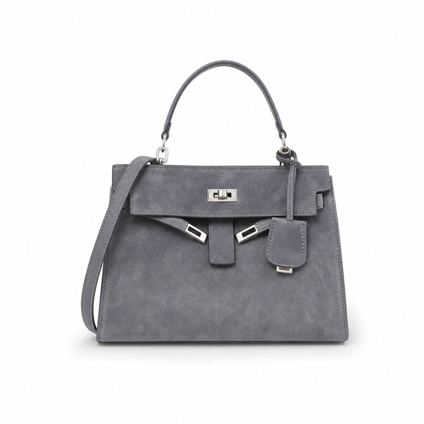 Kelly Sellier 22cm Gris Asphalte Suede Leather Palladium Hardware Women Handbag