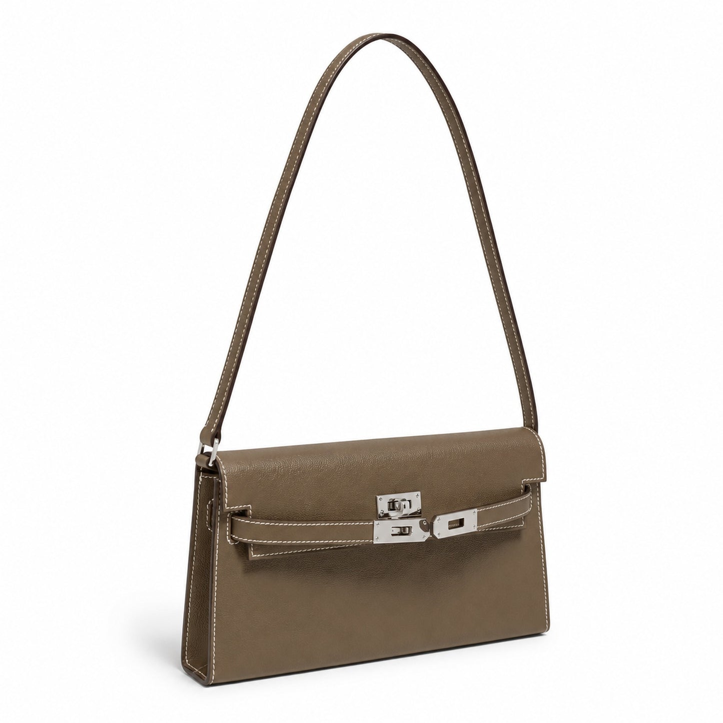 Kelly Elan 25 Underarm Baguette Bag, Genuine Top Layer Cowhide Goat Grain Leather, Silver Hardware Khaki Shoulder Handbag, Timeless Neutral Must-have Bag Elegant Versatile Daily Purse Size 25×6.5×15cm