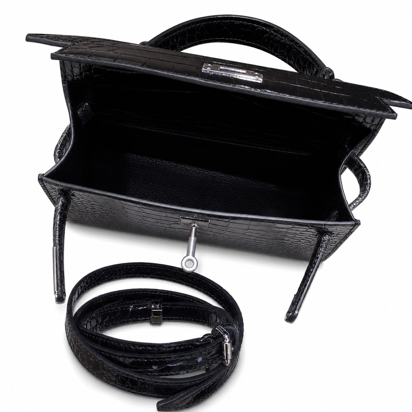 Kelly Sellier 22cm Noir Shiny Crocodile Leather Gold Hardware & Palladium Hardware Women Handbag