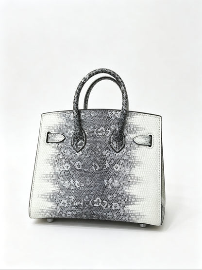 Mini Birkin 20cm Outer Stitching Tote Bag in Two-Tone Snow White Lizard Pattern