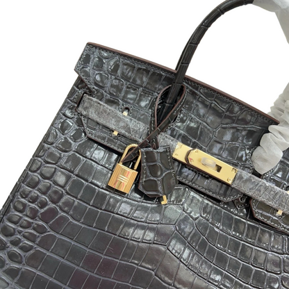 Birkin Style 25/30/35 Retourne in Etoupe Crocodile-Embossed Leather (Gold Hardware)