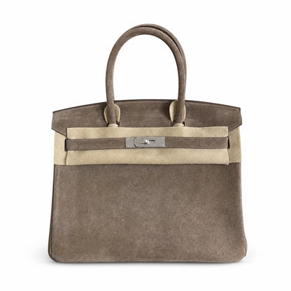 Birkin 30 Retourne in Etoupe Suede Grizzly with White Stitching (Palladium Hardware)