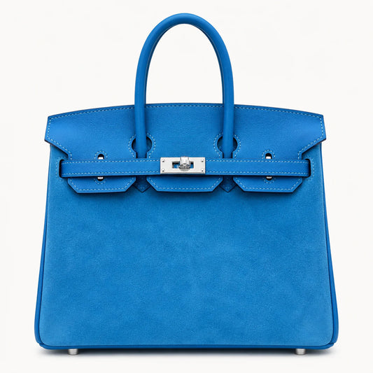 Birkin 25 Retourne in Bleu Zanzibar Swift Leather and Suede Grizzly (Palladium Hardware)