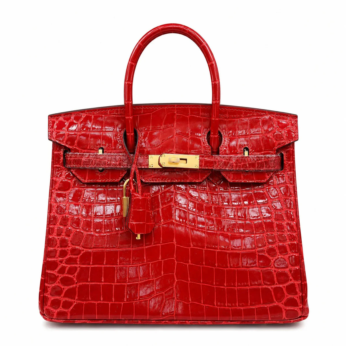 Birkin Style 25/30/35 Retourne in Rouge Vif Crocodile-Embossed Leather (Gold Hardware)