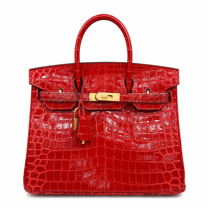 Birkin Style 25/30/35 Retourne in Rouge Vif Crocodile-Embossed Leather (Gold Hardware)