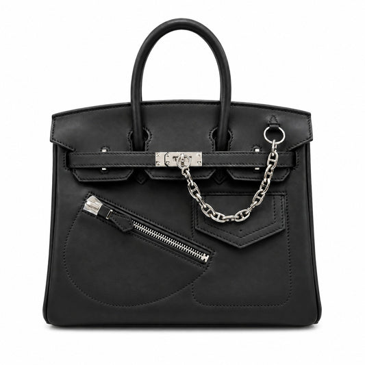 Birkin 25 Rock Black Leather Multi-Pocket Handbag with Chain