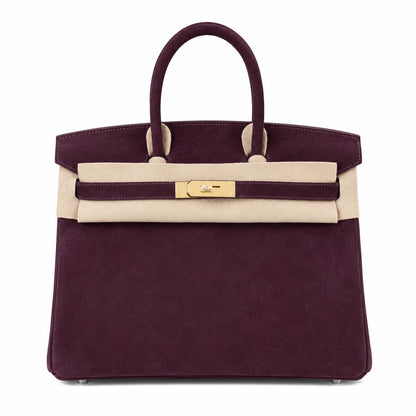 Birkin 30 Retourne in Bordeaux Suede Grizzly with White Stitching (Gold Hardware)
