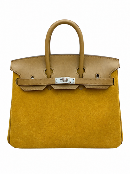 Birkin 25 Retourne in Yellow Swift Leather and Suede Grizzly (Palladium Hardware)