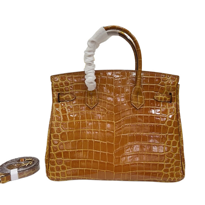 Birkin Style 25/30/35 Retourne in Miel/Gold Crocodile-Embossed Leather (Gold Hardware)
