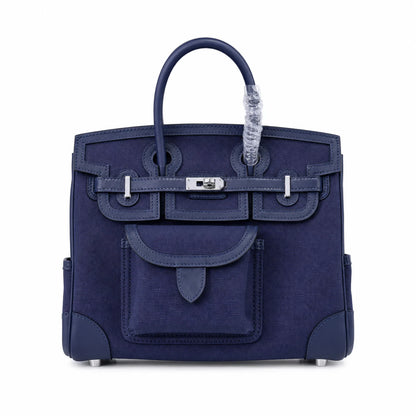 Birkin Cargo 25 Navy Blue Swift Leather and Canvas Splicing Bag