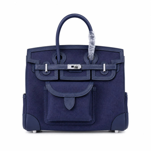 Birkin Cargo 25 Navy Blue Swift Leather and Canvas Splicing Bag