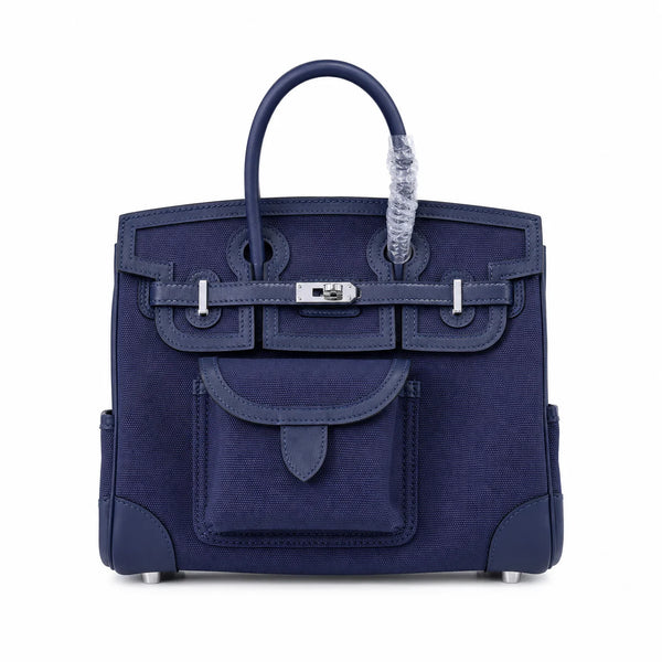 Birkin Cargo 25 Navy Blue Swift Leather and Canvas Splicing Bag