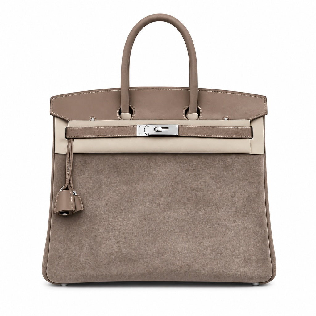 Birkin 30 Retourne in Etoupe Suede Grizzly with White Stitching (Palladium Hardware)