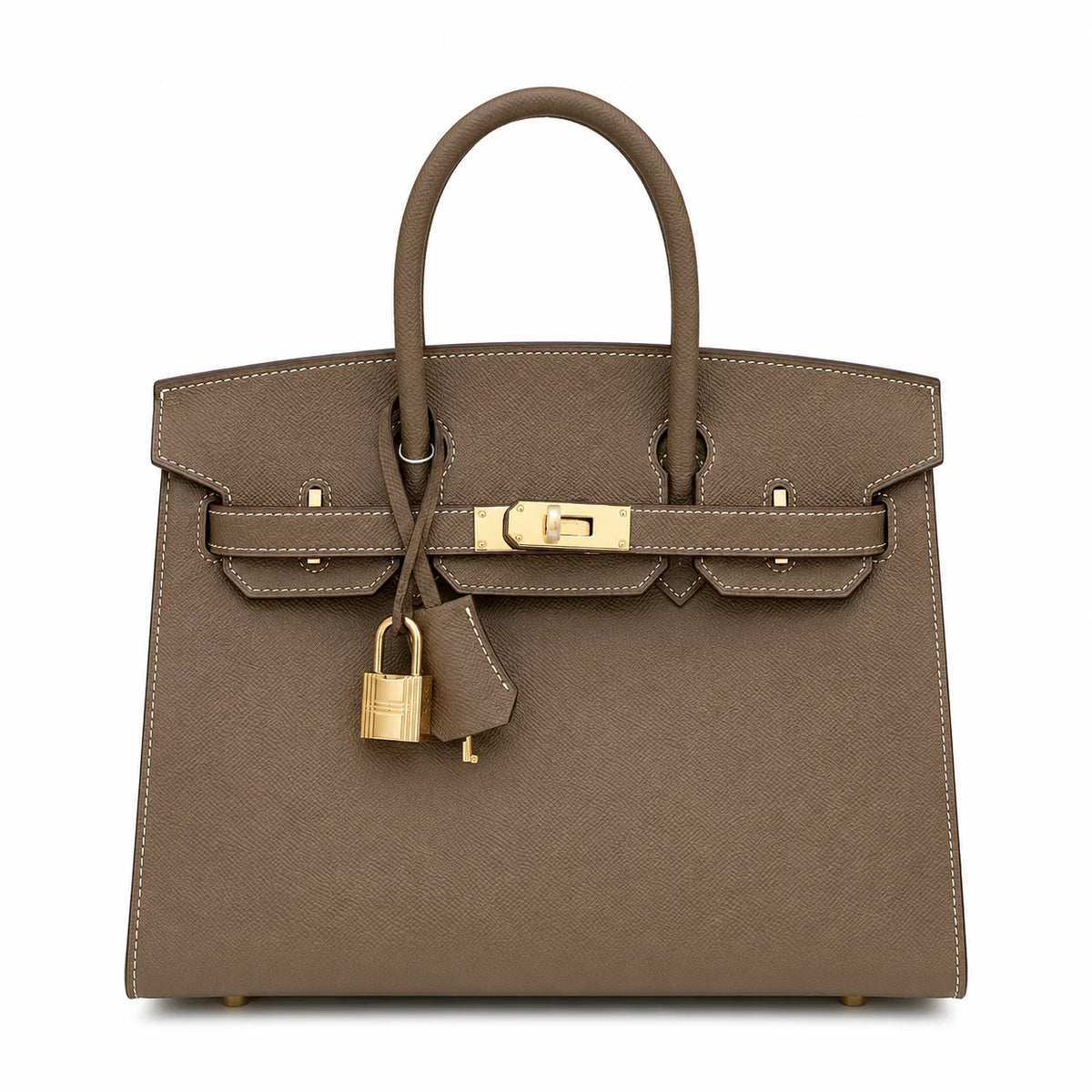 Birkin Style 25/30 Sellier in Etoupe Epsom Leather with White Stitching (Gold Hardware)