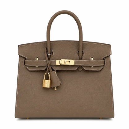 Birkin Style 25/30 Sellier in Etoupe Epsom Leather with White Stitching (Gold Hardware)