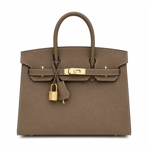 Birkin Style 25/30 Sellier in Etoupe Epsom Leather with White Stitching (Gold Hardware)