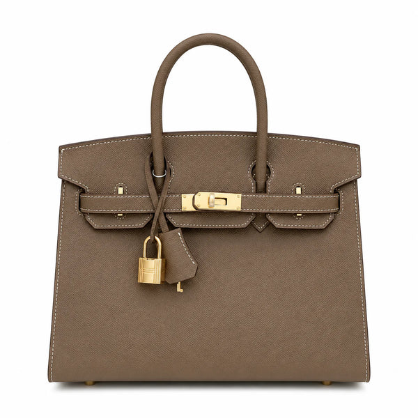 Birkin Style 25/30 Sellier in Etoupe Epsom Leather with White Stitching (Gold Hardware)