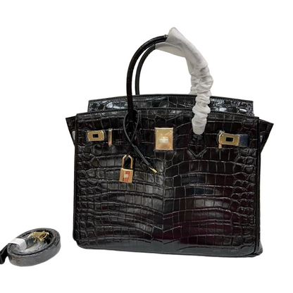 Birkin Style 25/30/35 Retourne in Noir Crocodile-Embossed Leather (Gold Hardware)