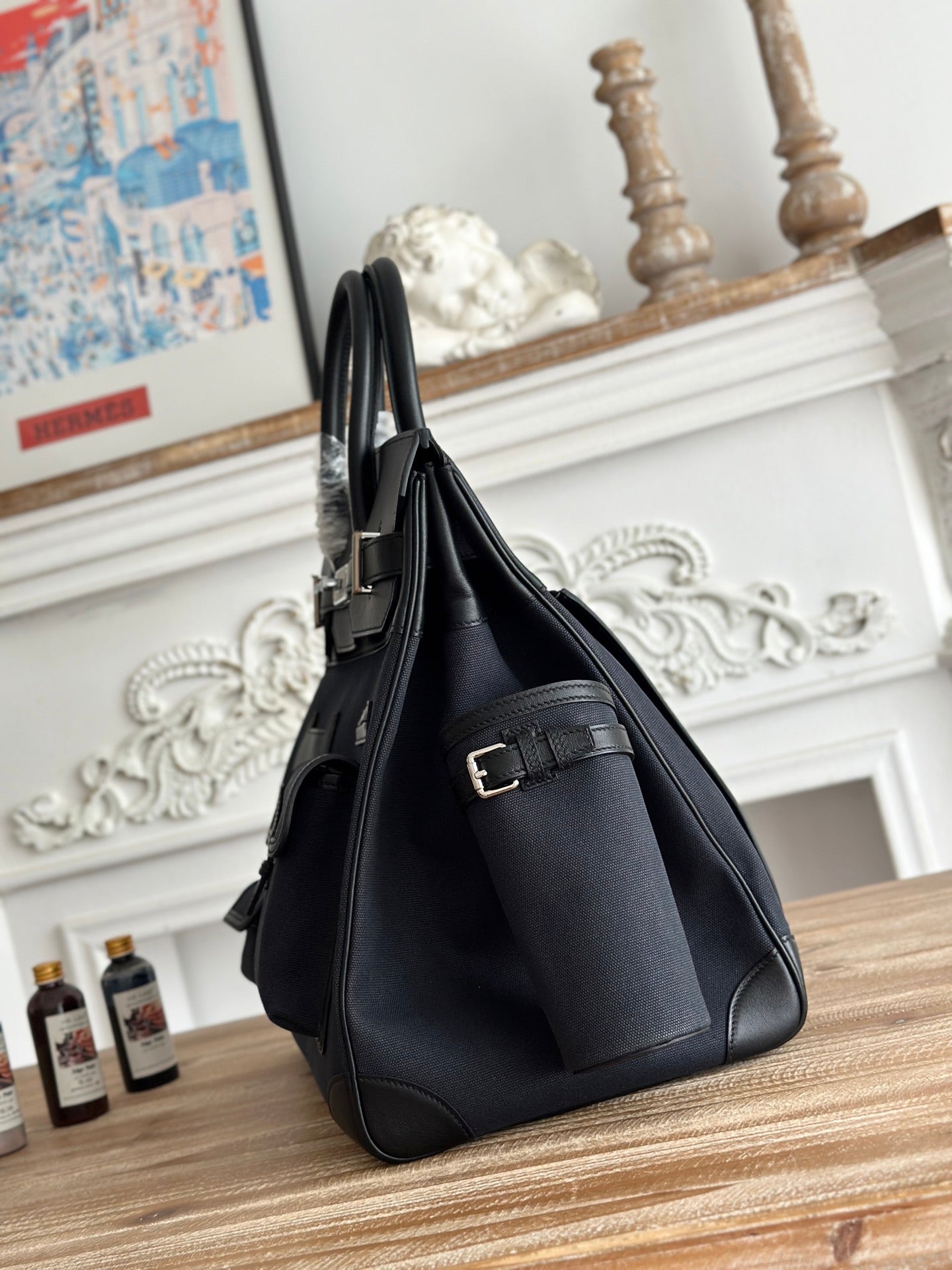 Navy Blue Toile & Sleek Black Swift
