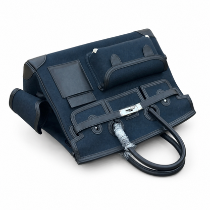 Birkin Cargo 35 in Bleu Encre Toile Goéland and Noir Swift Leather (Palladium Hardware)