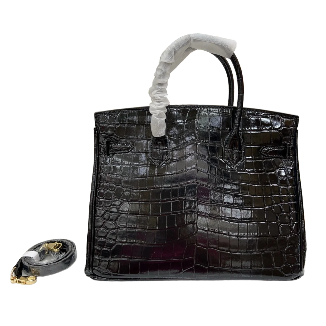 Birkin Style 25/30/35 Retourne in Noir Crocodile-Embossed Leather (Gold Hardware)