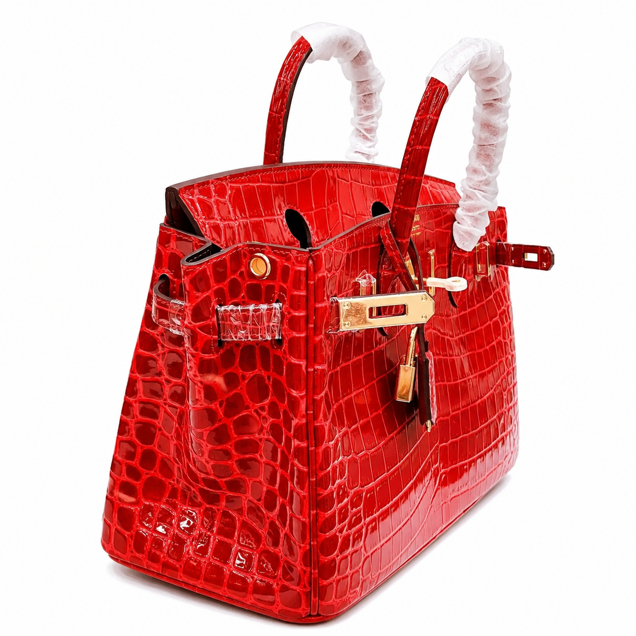 Birkin Style 25/30/35 Retourne in Rouge Vif Crocodile-Embossed Leather (Gold Hardware)