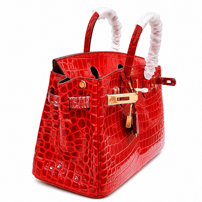 Birkin Style 25/30/35 Retourne in Rouge Vif Crocodile-Embossed Leather (Gold Hardware)