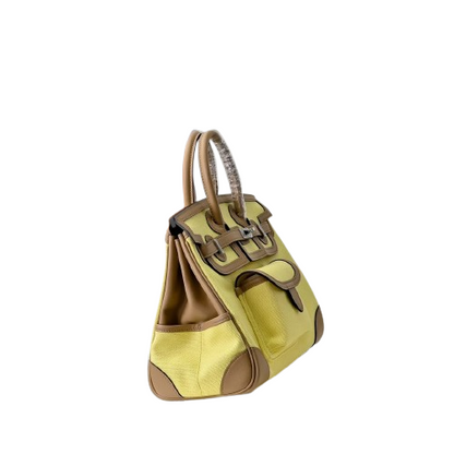 Birkin Cargo 25 Sesame and Lime Yellow Swift Leather Splicing Canvas Bag