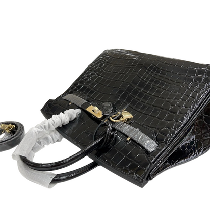 Birkin Style 25/30/35 Retourne in Noir Crocodile-Embossed Leather (Gold Hardware)