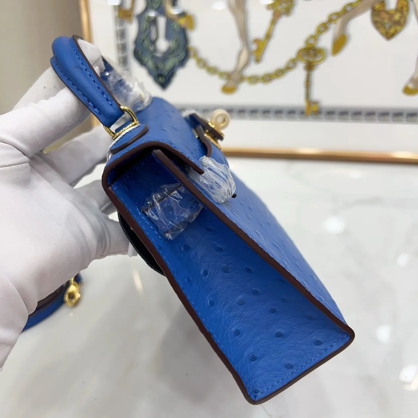 Blue Sapphire Ostrich Gold Hardware Bag