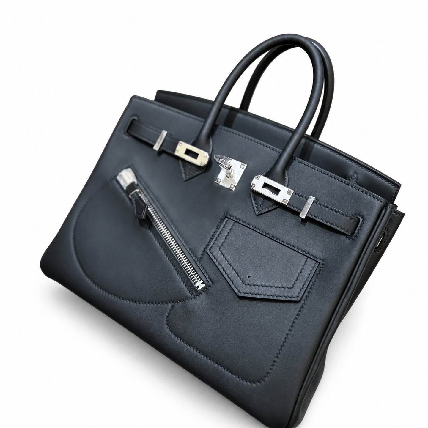 Birkin 25 Rock Black Leather Multi-Pocket Handbag with Chain