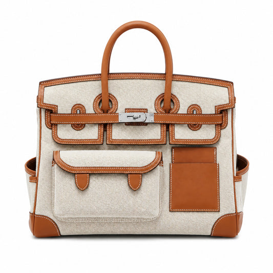 Birkin Cargo 35 Gold Leather and Ecru Canvas Multi-Pocket Bag