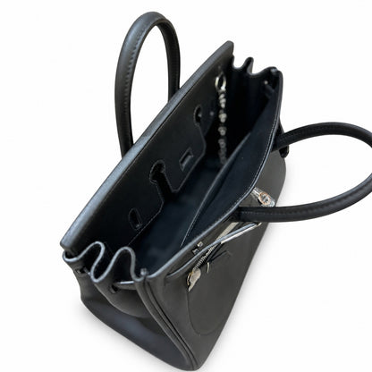 Birkin 25 Rock Black Leather Multi-Pocket Handbag with Chain