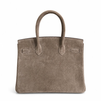 Birkin 30 Retourne in Etoupe Suede Grizzly with White Stitching (Palladium Hardware)