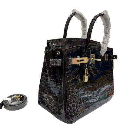 Birkin Style 25/30/35 Retourne in Noir Crocodile-Embossed Leather (Gold Hardware)