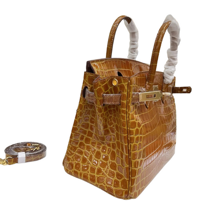 Birkin Style 25/30/35 Retourne in Miel/Gold Crocodile-Embossed Leather (Gold Hardware)