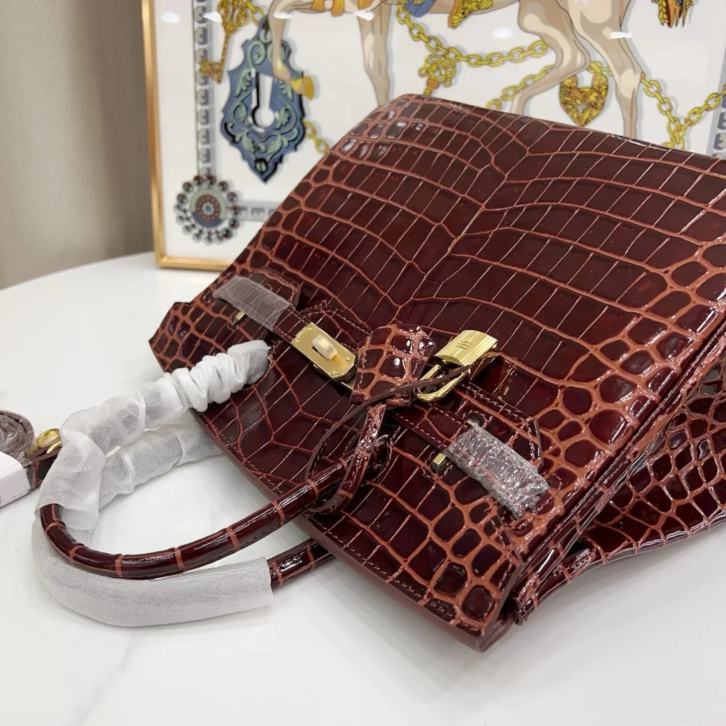 Birkin Bordeaux Shiny Porosus Crocodile Gold Hardware