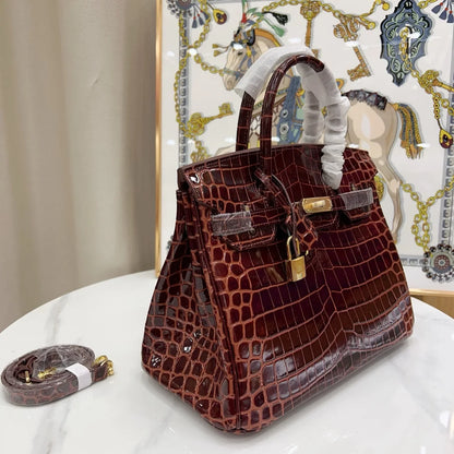 Birkin Bordeaux Shiny Porosus Crocodile Gold Hardware