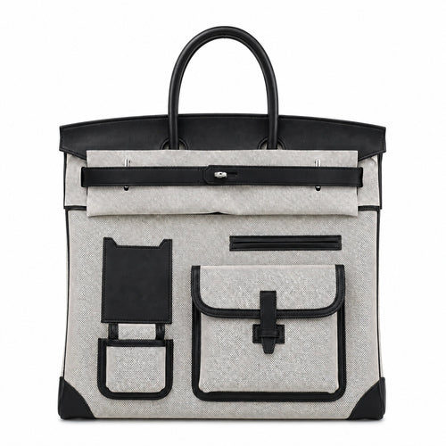 Birkin Cargo 40 Black Leather and Ecru Canvas Multi-Pocket Bag