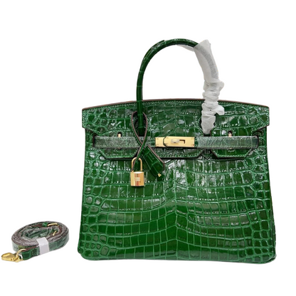 Birkin Style 25/30/35 Retourne in Vert Émeraude Crocodile-Embossed Leather (Gold Hardware)