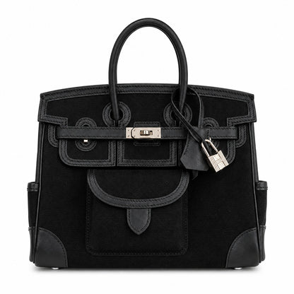 Birkin Cargo 25 All Black Swift Leather and Canvas Multi-Pocket Bag