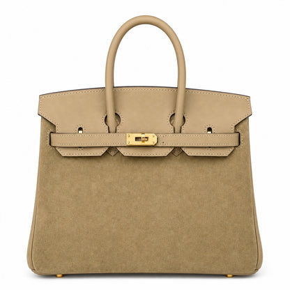 Elegant Neutral Birkin 25cm Grizzly Beige Suede Luxury Top-Handle Tote