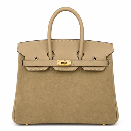Elegant Neutral Birkin 25cm Grizzly Beige Suede Luxury Top-Handle Tote