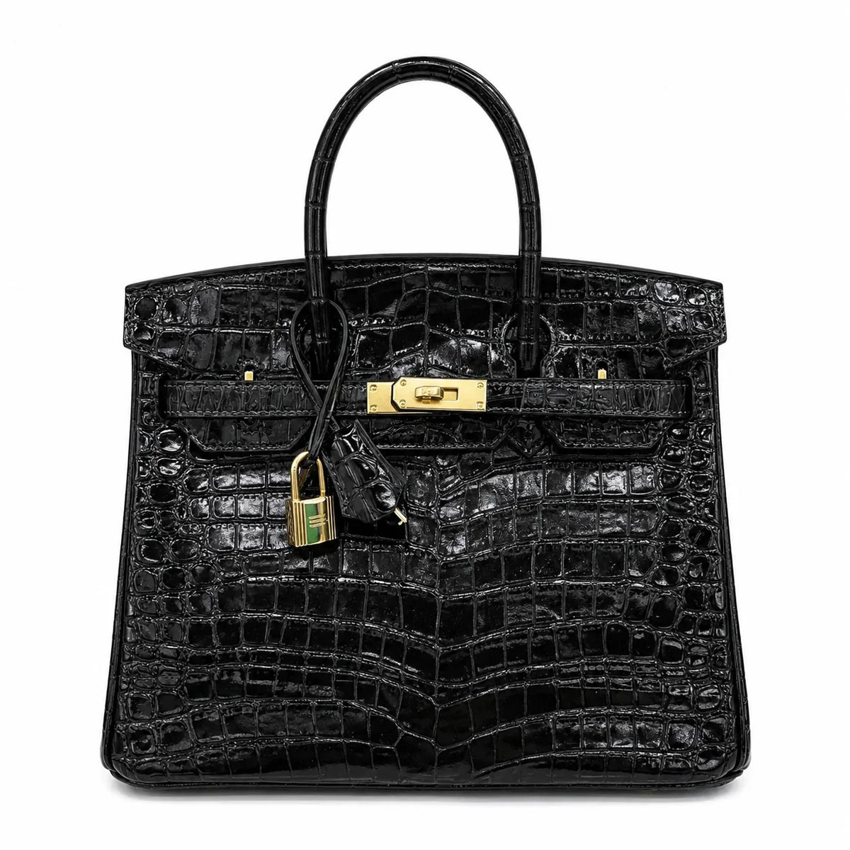 Birkin Style 25/30/35 Retourne in Noir Crocodile-Embossed Leather (Gold Hardware)