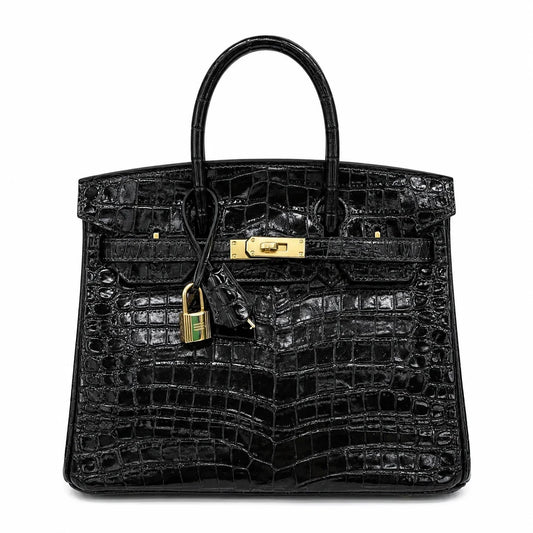 Birkin Style 25/30/35 Retourne in Noir Crocodile-Embossed Leather (Gold Hardware)