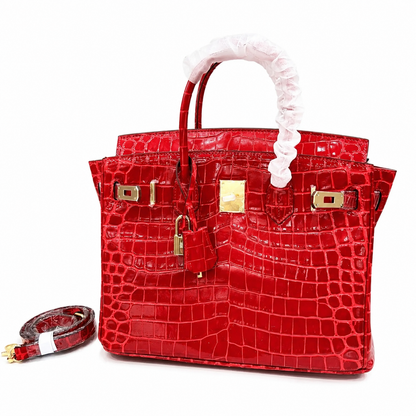 Birkin Style 25/30/35 Retourne in Rouge Vif Crocodile-Embossed Leather (Gold Hardware)